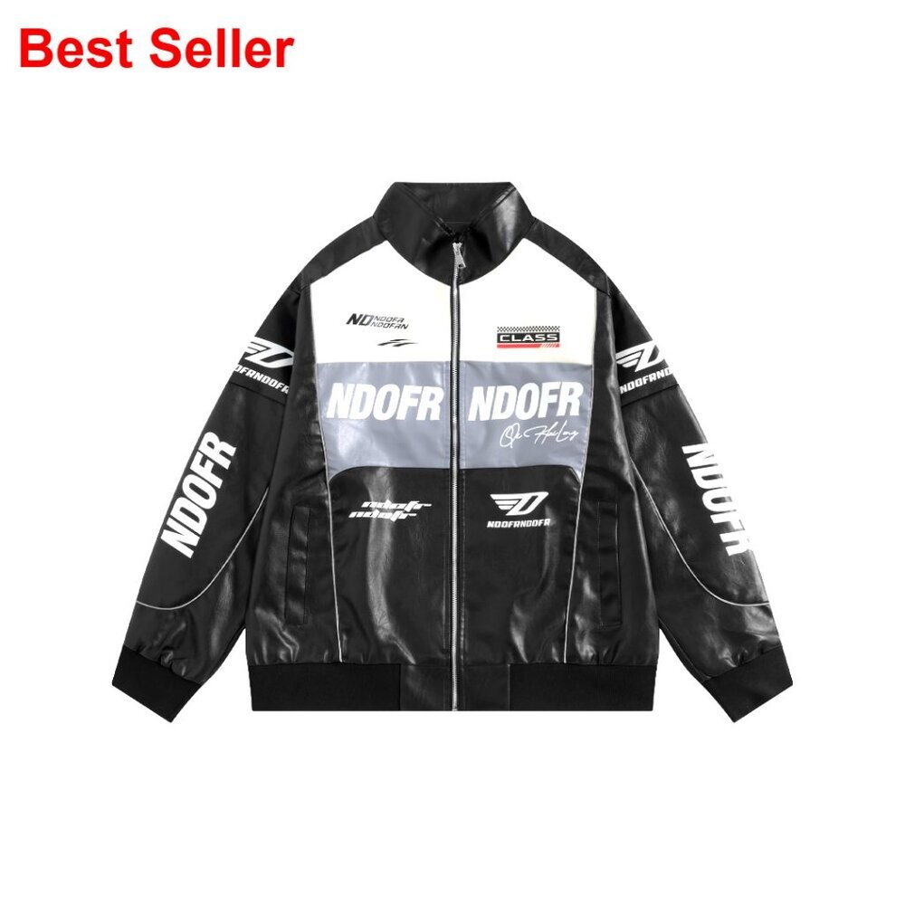 Oversized Faux Leather Bomber Jacket Vintage Racing Motorcycle Coat